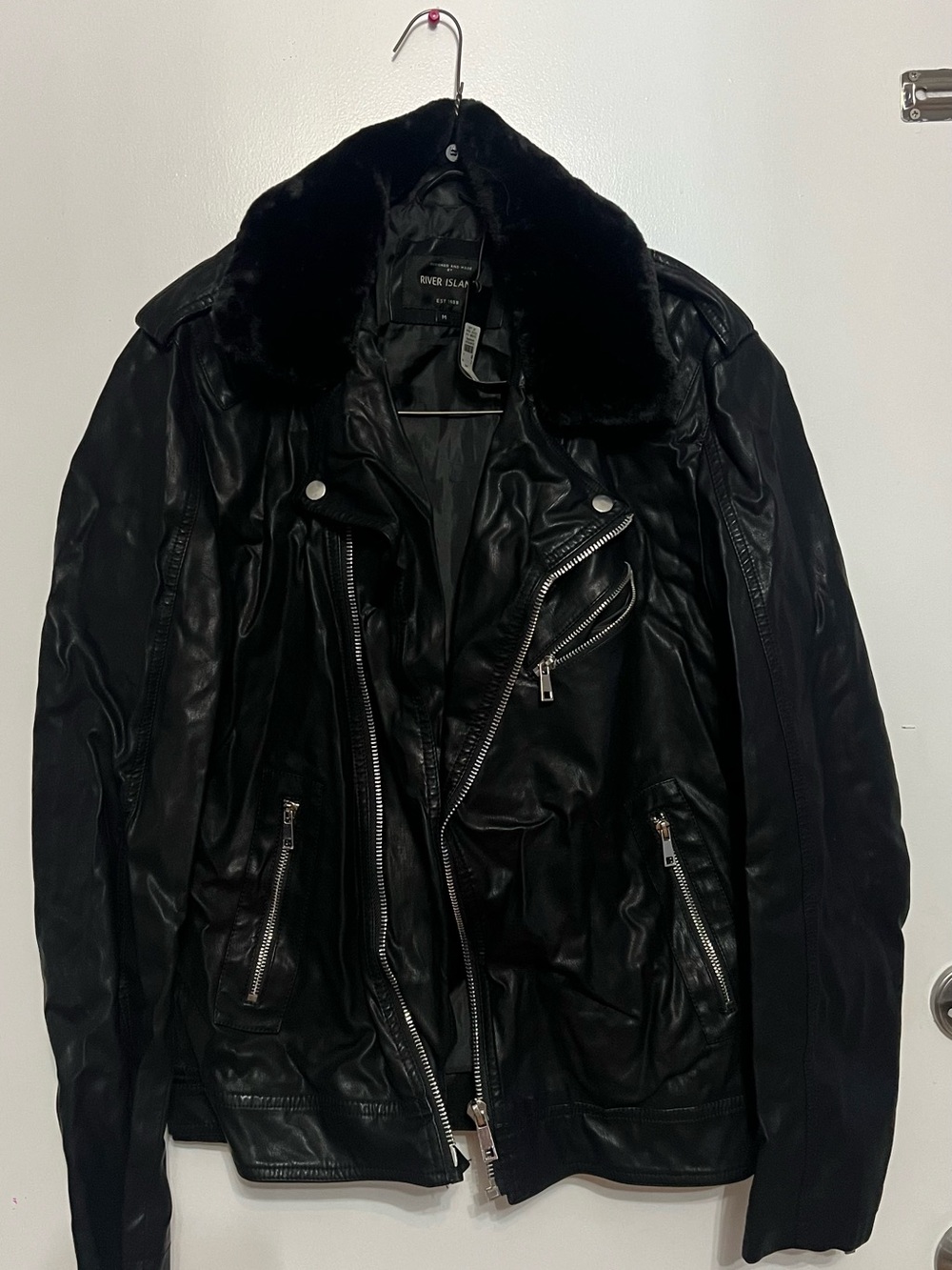 River Island Black Faux-Fur Collar Leather Bomber Jacket